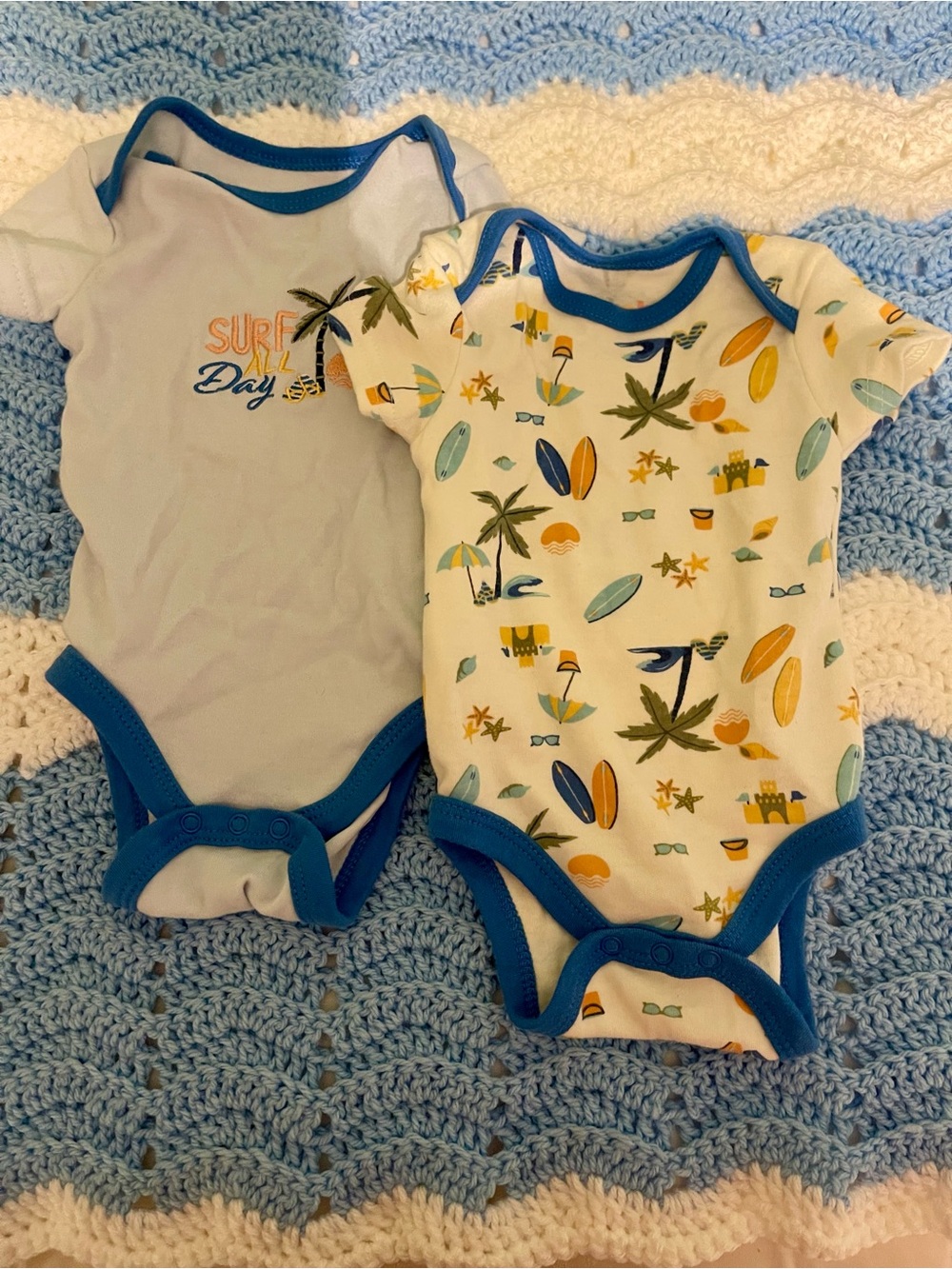 Surf Day Blue-Trim Baby One-Piece Bodysuits - 2-Pack